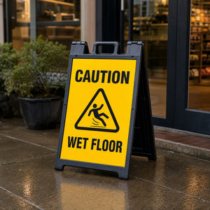A-Frame Signs in use - on a wet pavement outside a shop entrance on an overcast day