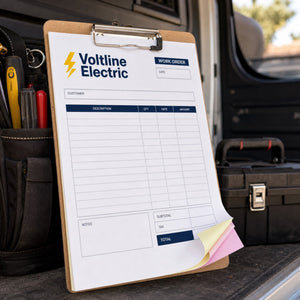 Carbonless NCR Forms in use - in a van on a clipboard beside a toolbox