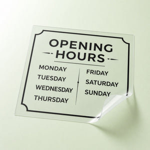 Clear Window Clings printed on 8mil clear static cling vinyl, no adhesive, 8 x 10 inches, shown at an angle