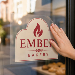 Clear Window Clings in use - being smoothed onto a bakery window by one hand