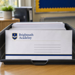 Custom Envelopes in use - in a post tray on a school office desk