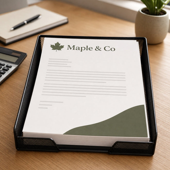 Custom Letterhead in use - in a document tray on a tidy accountancy office desk