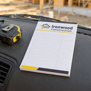 Custom Notepads (25 Pages) in use - on a builder's dashboard beside a tape measure