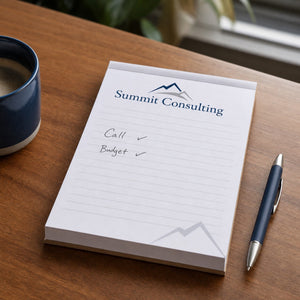 Custom Notepads (50 Pages) in use - on an office desk beside a coffee and a pen with a few words already written