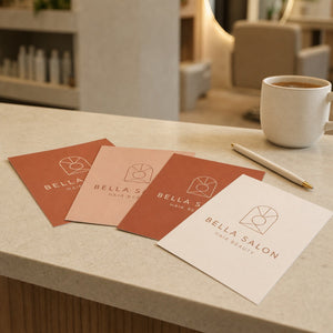 Economy Matte Postcards in use - spread in a loose overlapping row on a salon desk beside a pen and a coffee