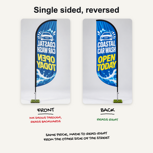 Single sided reversed convex feather flag, front and back