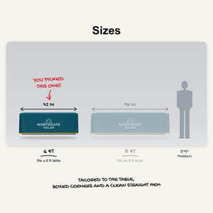Fitted table cover sizes: 6 ft and 8 ft to scale, 6 ft picked