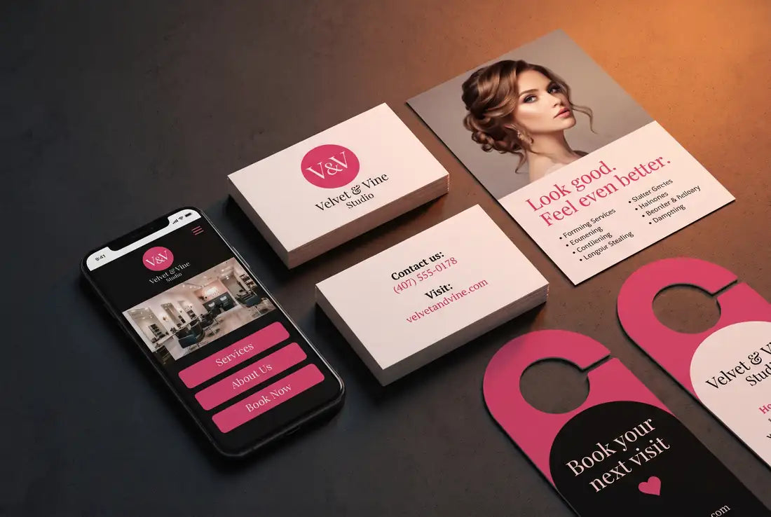 Matching business cards, flyer, door hanger and website on a phone for a sample hair salon
