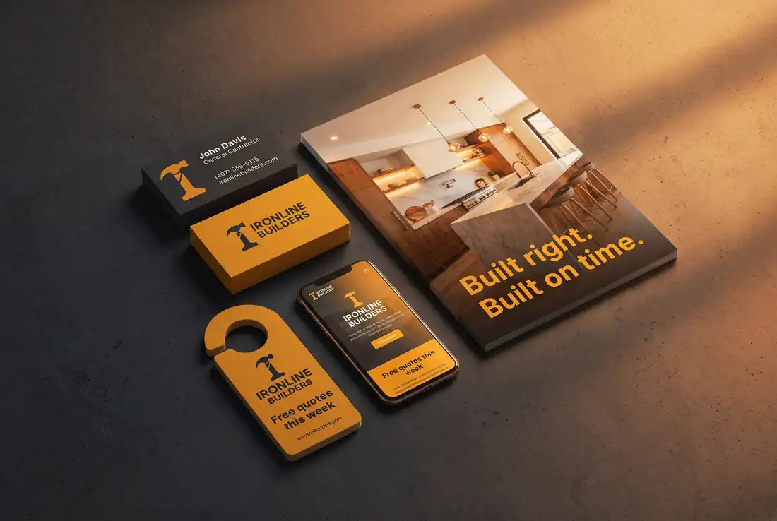 Matching business cards, flyer, door hanger and website on a phone for a sample contractor