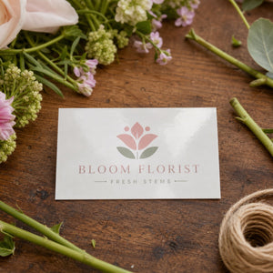 Gloss Laminated Business Cards in use - on a florist's bench among cut stems and twine