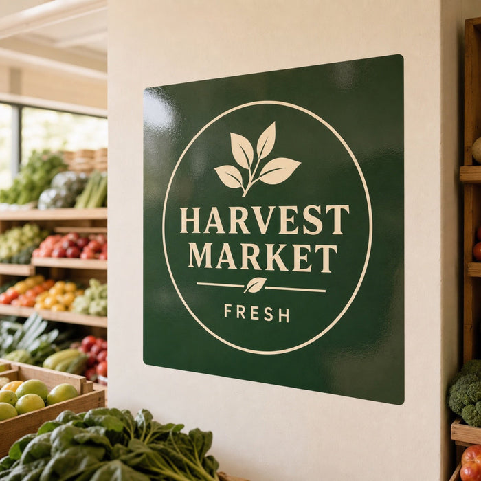 Glossy Adhesive Vinyl in use - applied to a painted wall inside a grocery shop