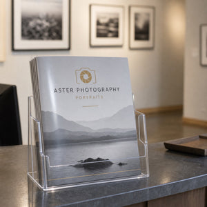 Glossy Booklets 8.5x11 in use - in a rack on a gallery reception desk