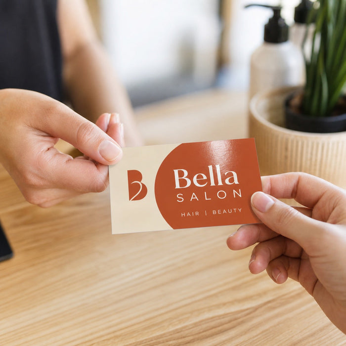 Glossy Business Cards in use - being handed across a light wooden salon reception counter from one hand to another