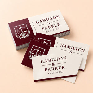 Glossy Business Cards printed as a law firm card, deep burgundy on off-white, formal serif type