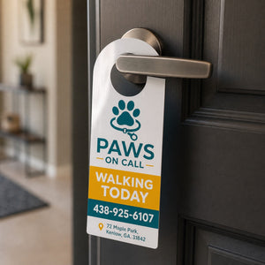 Glossy Door Hangers in use - hanging on a front door with the porch and roofline softly out of focus behind