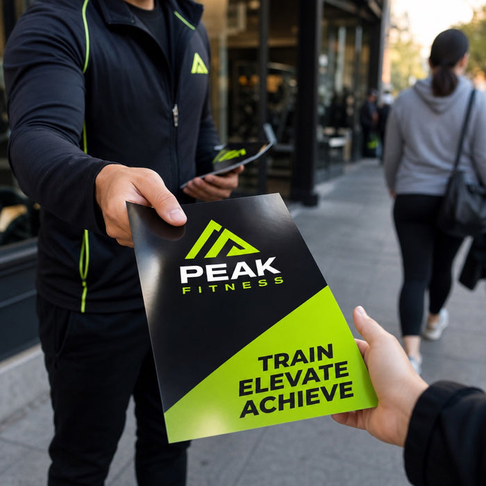 Glossy Flyers in use - being handed to a passer-by outside a gym on a busy pavement