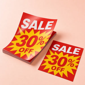 Glossy Flyers printed as a SALE announcement with a very large percentage-off figure