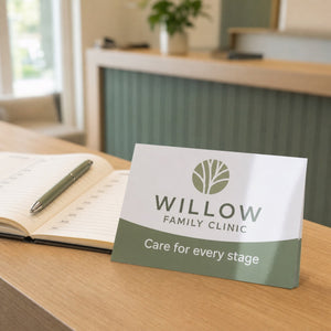 Glossy Postcards in use - on a clinic reception desk beside an appointment book