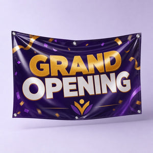 Glossy Vinyl Banners printed on 13oz gloss scrim vinyl, hemmed with metal grommets, 3 x 6 feet, shown at an angle