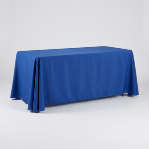 Solid blue table throw on an 8 ft folding table, four sided