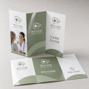 High-Gloss Brochures printed on 100lb gloss text paper, scored and folded, 11 x 8.5 inches folded into three 3.67 inch panels, shown at an angle
