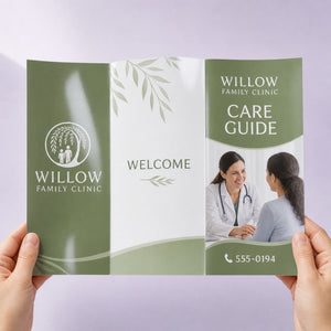 High-Gloss Brochures held in hand showing its 11 x 8.5 inches folded into three 3.67 inch panels size