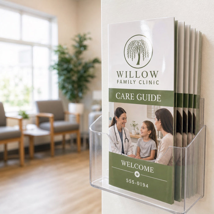 High-Gloss Brochures in use - in a wall-mounted literature rack in a bright clinic waiting room