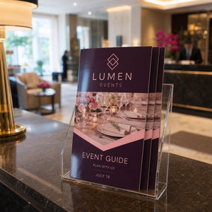 High-Gloss Brochures in use - in a rack in a hotel lobby