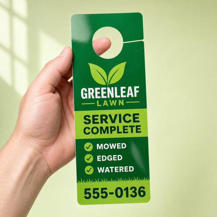 High-Gloss Door Hangers held in hand showing its 4.25 x 11 inches size