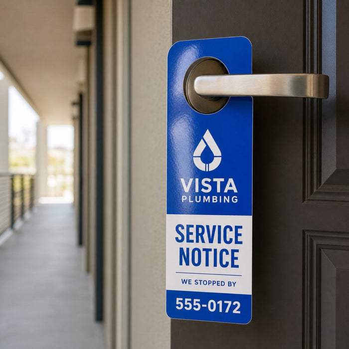 High-Gloss Door Hangers in use - hanging on an apartment door handle in a shared corridor
