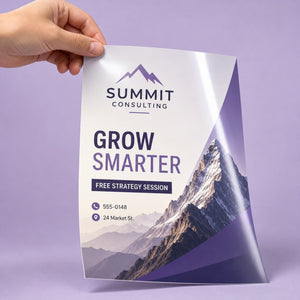 High-Gloss Flyers held in hand showing its 8.5 x 11 inches size