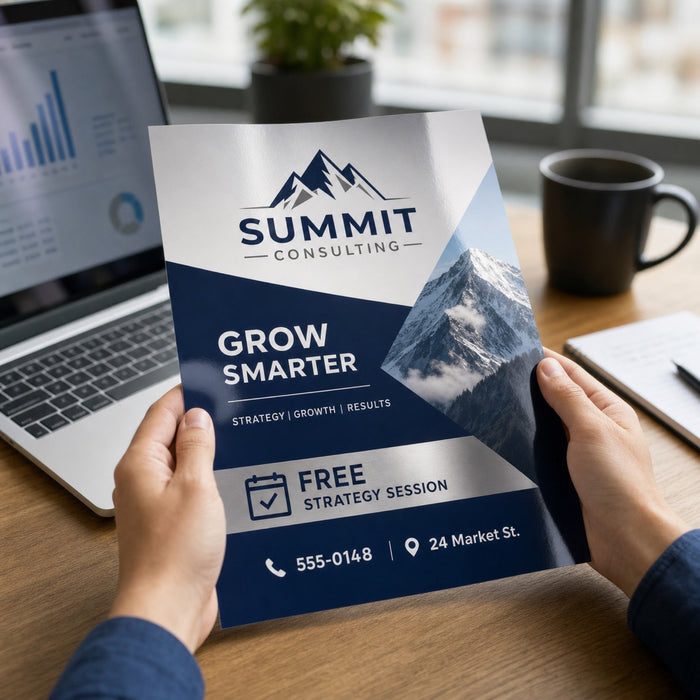 High-Gloss Flyers in use - held open by two hands in a bright office beside a laptop