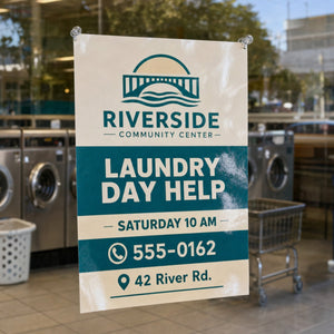 High-Gloss Flyers in use - pinned inside a launderette window