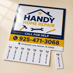 High-Gloss Tear Cards printed on 14PT card stock with micro-perforated tear-off cards, 8.5 x 11 inches with a row of tear-off cards, shown at an angle