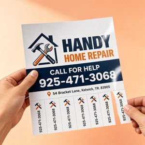 High-Gloss Tear Cards held in hand showing its 8.5 x 11 inches with a row of tear-off cards size