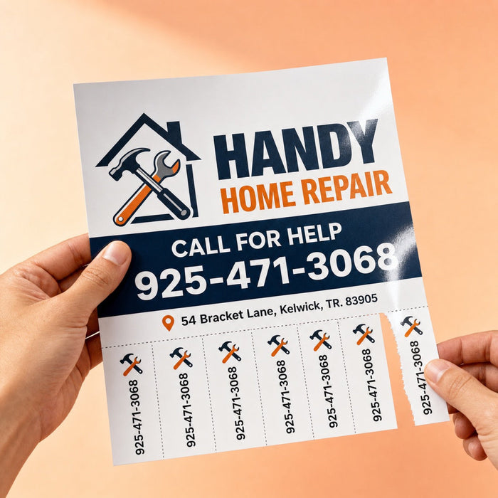 High-Gloss Tear Cards held in hand showing its 8.5 x 11 inches with a row of tear-off cards size