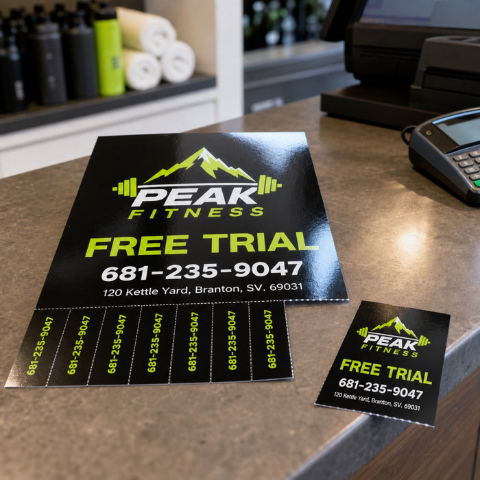 High-Gloss Tear Cards in use - on a counter beside a till with one card torn free next to it
