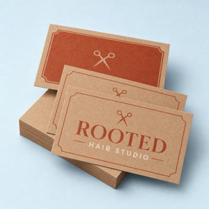 Kraft Business Cards printed as a hair salon card, warm terracotta and cream with a small scissors mark
