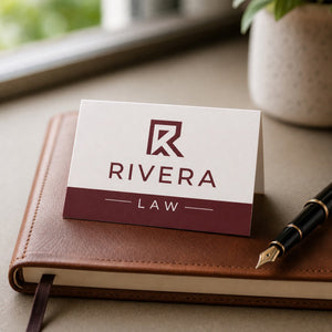 Matte Folded Business Cards in use - resting closed on a leather notebook beside a fountain pen