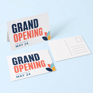 Matte Postcards printed as a GRAND OPENING announcement with a date and a small logo mark