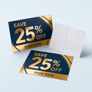 Metallic Foil Postcards printed as a direct mail promotion, a large offer figure and a short call to action