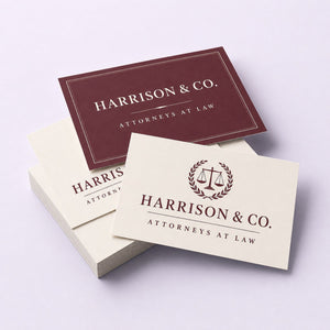 Premium Matte Business Cards printed as a law firm card, deep burgundy on off-white, formal serif type