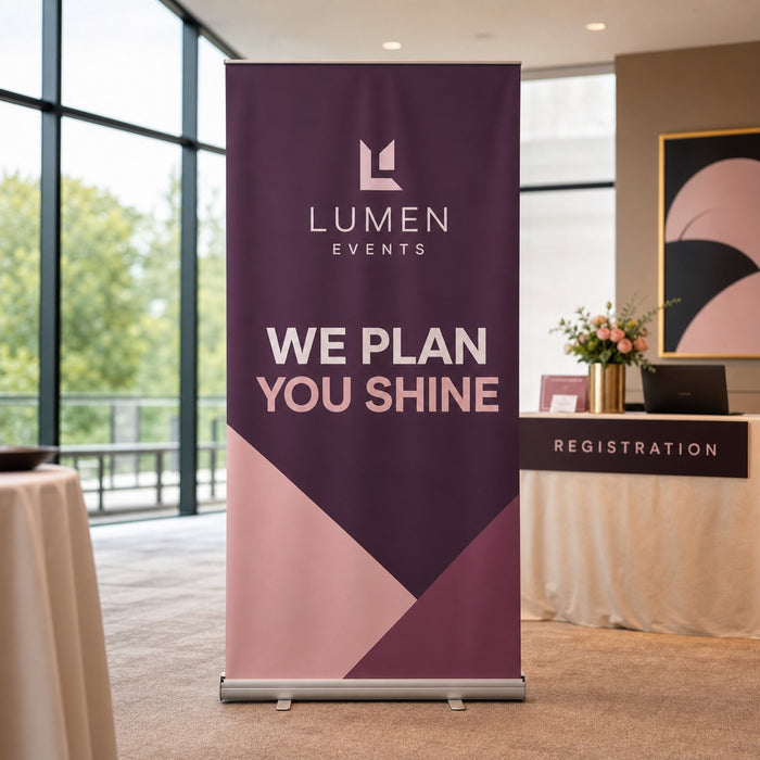 Pull-Up Banner with silver base in use - at a conference registration desk