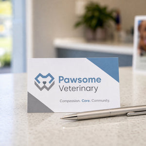 Quick Ship Business Cards in use - on a reception desk at a veterinary clinic beside a pen