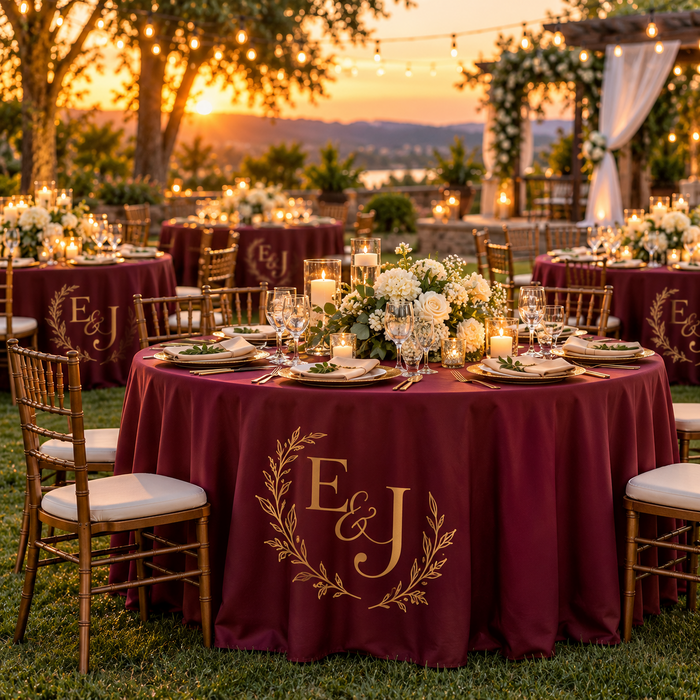 Custom printed burgundy round tablecloths with a gold monogram at an outdoor wedding