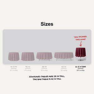 Round table cover sizes to scale, 31.5 in bar height table picked, 33.25 in drop