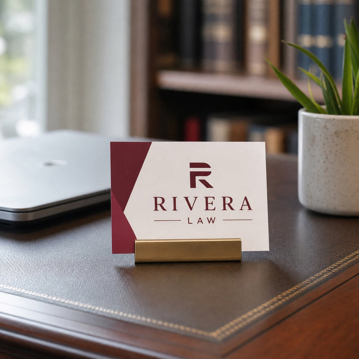 Standard Business Cards in use - sitting in a slim brass card holder on a tidy solicitor's desk beside a closed laptop and a small plant