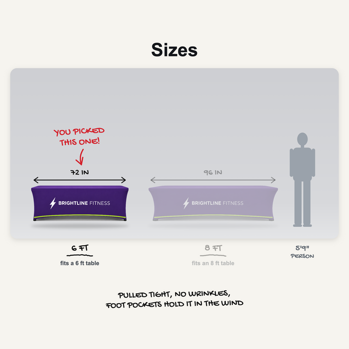 Stretch table cover sizes: 6 ft and 8 ft to scale, 6 ft picked