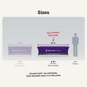 Stretch table cover sizes: 6 ft and 8 ft to scale, 8 ft picked