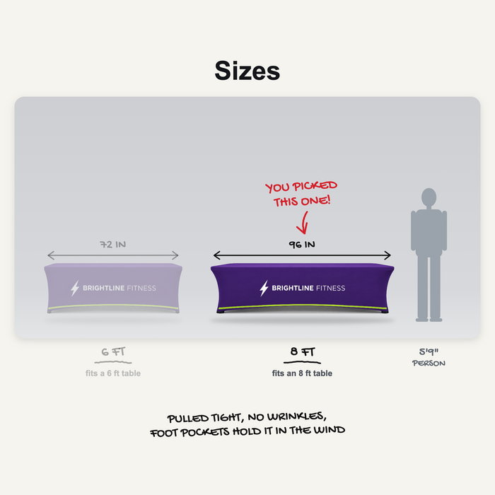 Stretch table cover sizes: 6 ft and 8 ft to scale, 8 ft picked